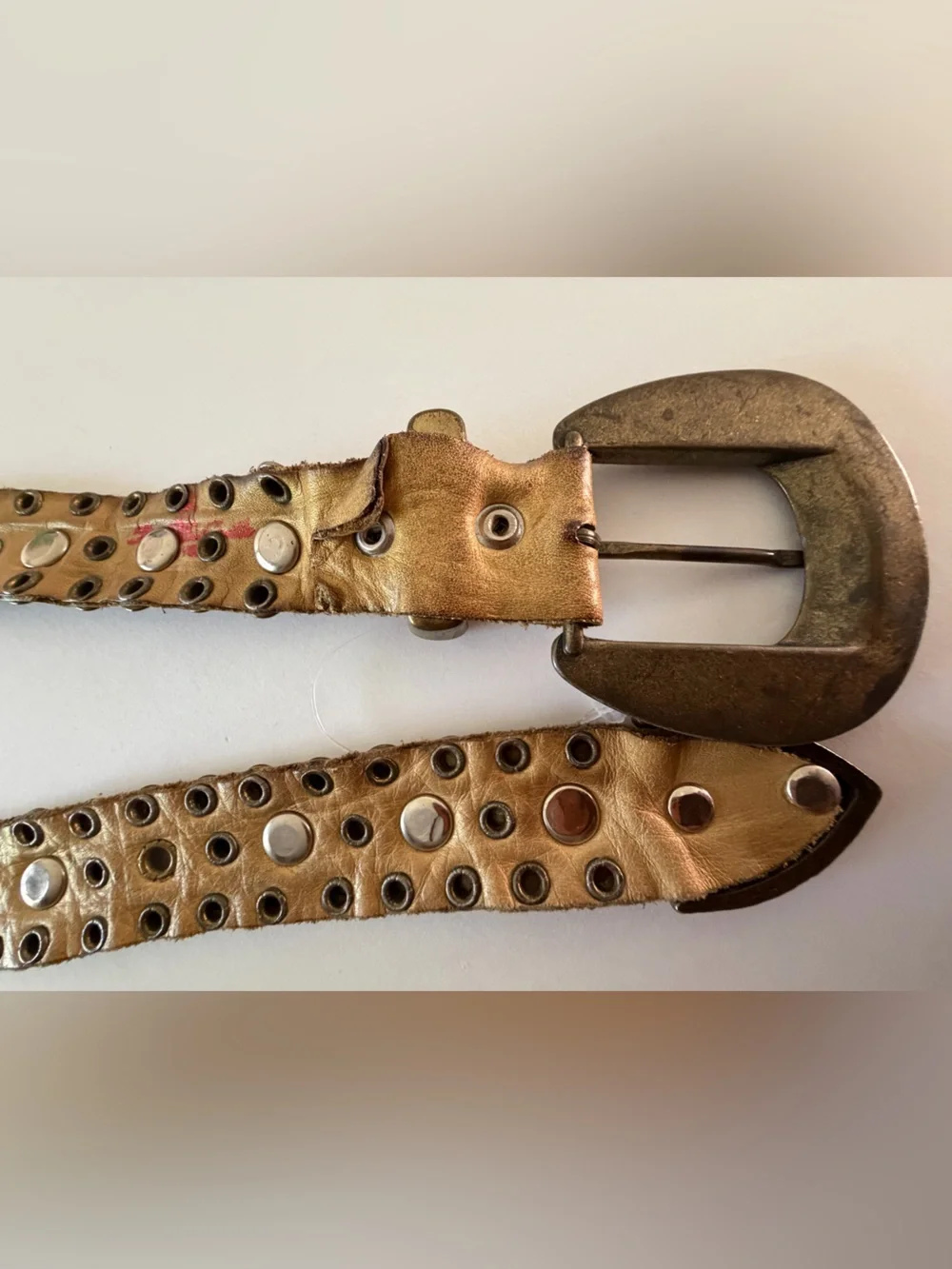Western Studded Leather Belt with Decorative Silver Buckle - Tan